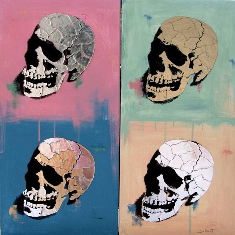 Original Mortality Collage by Andrea Sabatt | Pop Art Art on Canvas | 4 Skin Skulls