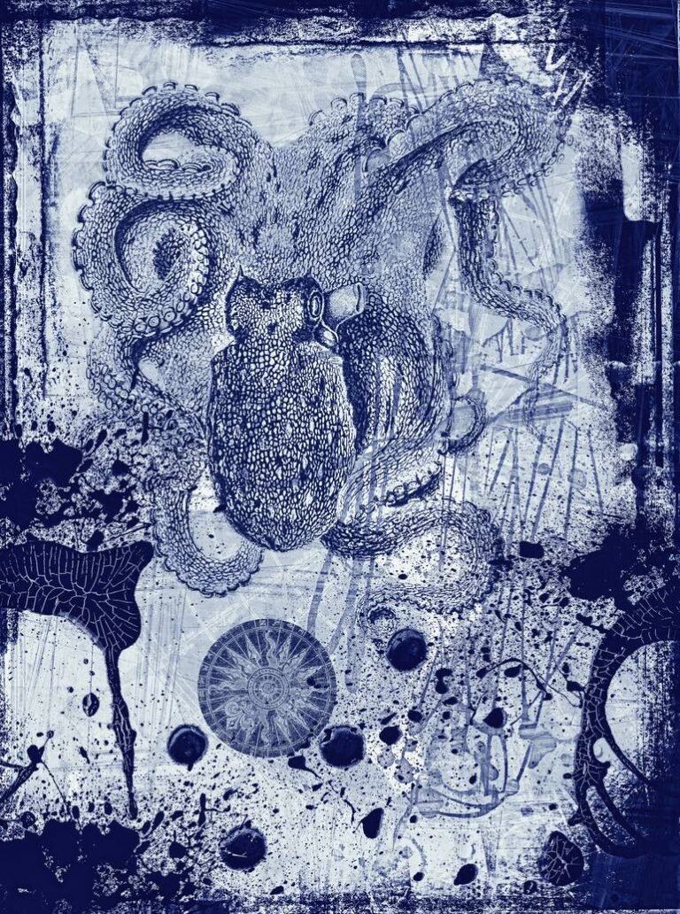 Original Water Collage by Thomas Livingston Bollinger | Pop Art Art on Paper | Octopus In It's Own Ink # 2 / 12 Limited Edition Encaustic Mixed Media