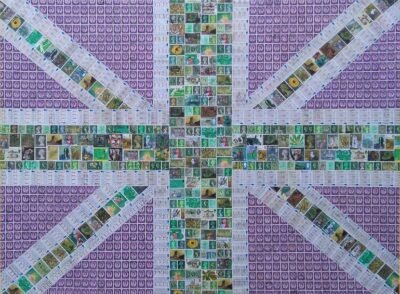 Original Abstract Collage by Gary Hogben | Pop Art Art on Canvas | Union Jack - Greens and Purple