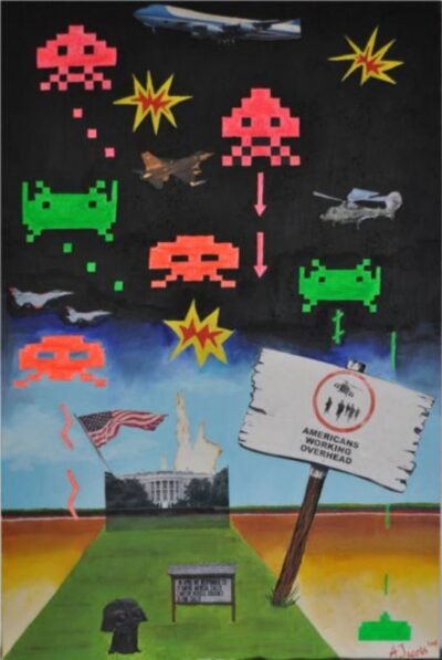 Original Popular culture Collage by Adam Jacobs | Pop Art Art on Canvas | The 80s Arcade B-Movie Disaster