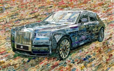 Original Car Collage by Alex Gashunin | Pop Art Art on Cardboard | Rolls-Royce cigar band collage(custom made)