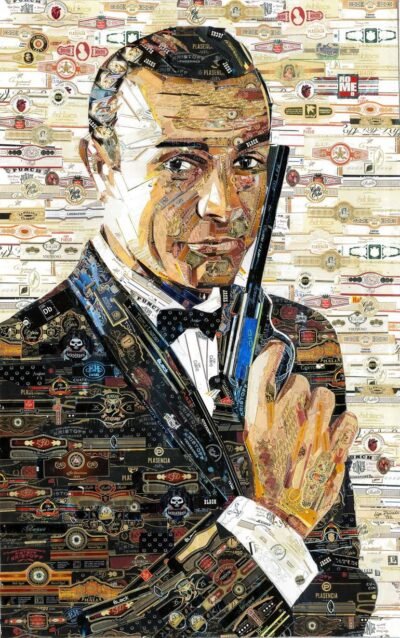 Original Cinema Collage by Alex Gashunin | Pop Art Art on Cardboard | James Bond cigar art band collage